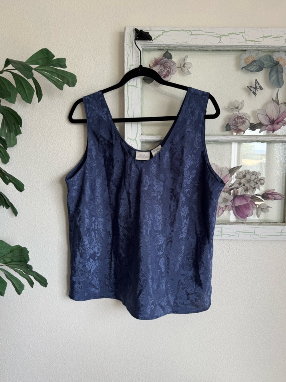 Vintage Secret Treasures Navy Floral Jacquard Shell Top Size 2XL